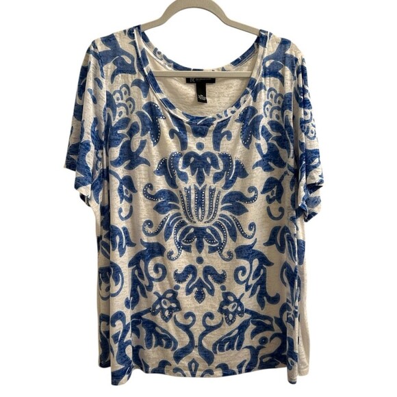 INC International Concepts Blue White Ikat Floral Sheer Top Bling 3X - Picture 1 of 4